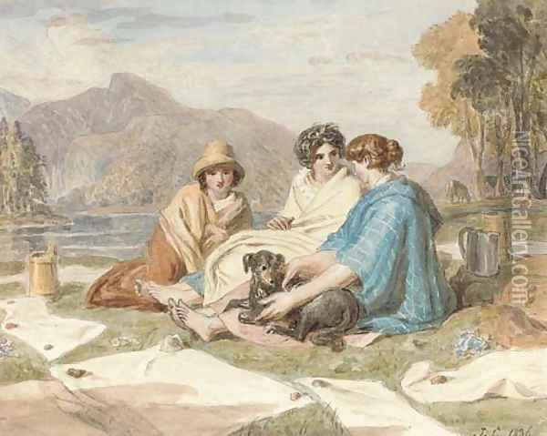 Washerwomen resting by a lake Oil Painting - Joshua Cristall