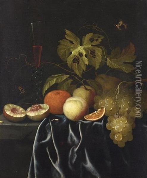A Still Life Of Peaches, An Orange, Grapes And A Venetian Glass Of Red Wine On A Ledge With A Butterfly, A Wasp And A Caterpillar Oil Painting - Johannes Borman