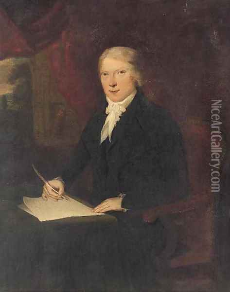 Portrait of a gentleman, seated three-quarter-length, in a black suit, at a writing table, a quill pen in his right hand Oil Painting - English School