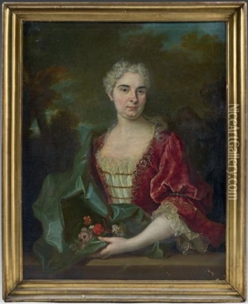 Portrait Presume De Madame Ponchon En Robe Rouge (+ Portrait Presume De Monsieur Ponchon En Habit Bleu; Pair) Oil Painting - Jean-Baptiste Oudry