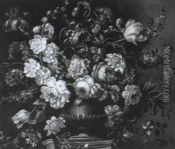 Roses, Carnations, Iris, Morning Glory And Other Flowers In An Urn On A Plynth Oil Painting - Jean-Baptiste Monnoyer