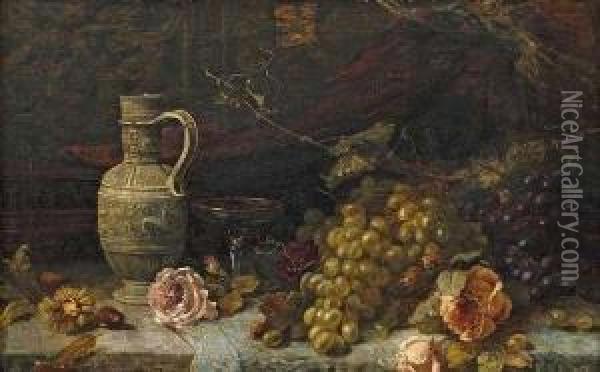 Still Lifewith Grapes, Roses, Tazza And A Stoneware Jug. Oil Painting - Helene Marie Stromeyer