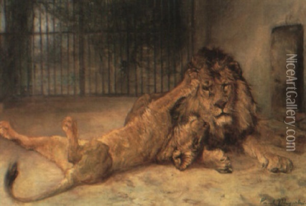 Lioness And Her Cub In A Cage Oil Painting - Paul Friedrich Meyerheim