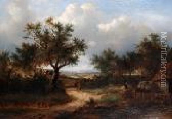 An Extensive Wooded Landscape With Figures On A Track By A Farmyard Oil Painting - Joseph Thors