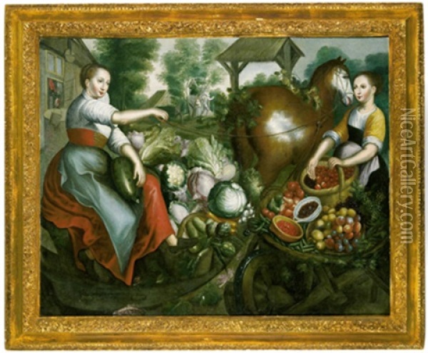 Zwei Marktfahrerinnen Mit Obst Und Gemuse Oil Painting - Joachim Beuckelaer