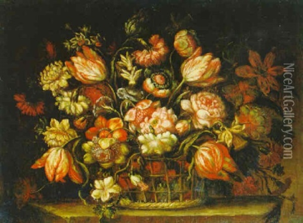 Blumenstraus Von Tulpen, Rosen, Nelken Und Anderen Blumen In Einem Korb Oil Painting - Bartolome Perez