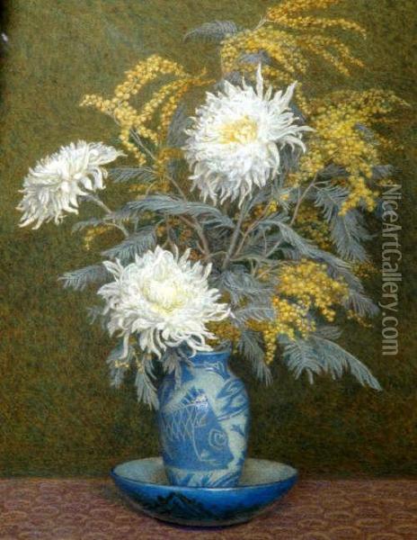 Rineau Arws 'chrysanthmums', Signed Watercolour, 53x38cm Oil Painting - Edith Martineau