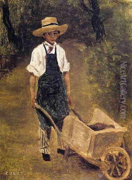 Octave Chamouillet Pushing a Wheelbarrow in a Garden Oil Painting - Jean-Baptiste-Camille Corot