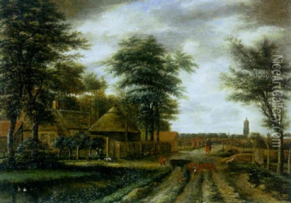 A Country Lane With A Farm And Figures And Cattle In The Foreground Oil Painting - Pieter Jansz van Asch