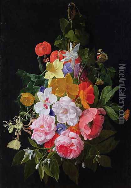 A Swag of Roses and other Flowers Hanging from a Nail Oil Painting - Nicholaes van Verendael