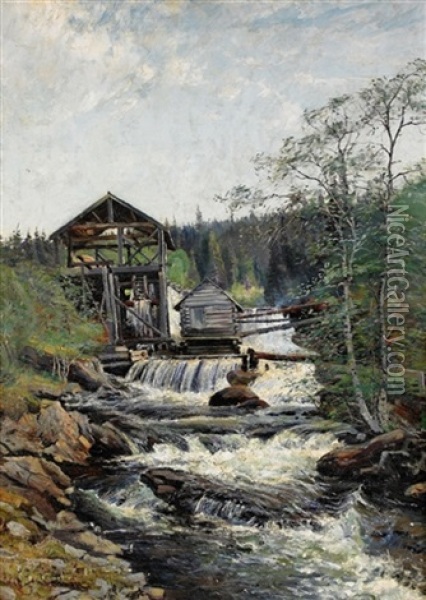Norrlandskt Landskap Med Sagverk Oil Painting - Carl (August) Johansson