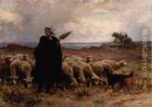 Shepherdess With Her Flock Oil Painting - Theophile Louis Deyrolle