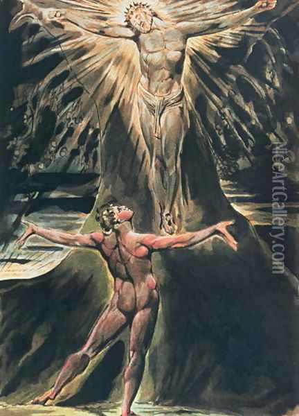 Jerusalem The Emanation of the Giant Albion- plate 76 Albion before Christ crucified on the Tree of Knowledge and Good and Evil, 1804-20 Oil Painting - William Blake