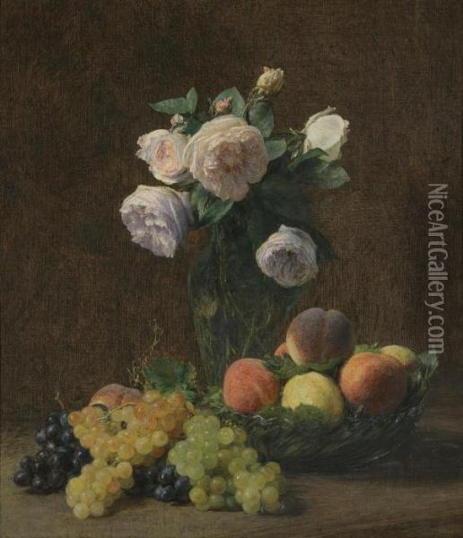 Nature Morte: Vase De Roses, Peches Et Raisins Oil Painting - Ignace Henri Jean Fantin-Latour