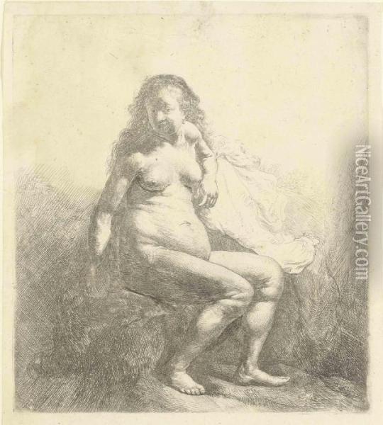 A Naked Woman Seated On A Mound Oil Painting - Rembrandt Van Rijn