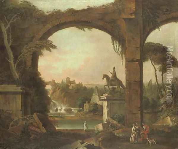 An architectural capriccio with Roman ruins and figures conversing in the foreground Oil Painting - William Delacour