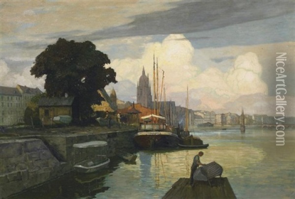Blick Auf Den Hafen Von Frankfurt Am Main Oil Painting - Max Adolf Peter Frey