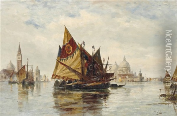 Bragozzi On The Venetian Lagoon With Santa Maria Della Salute Observed Beyond Oil Painting - Thomas Bush Hardy
