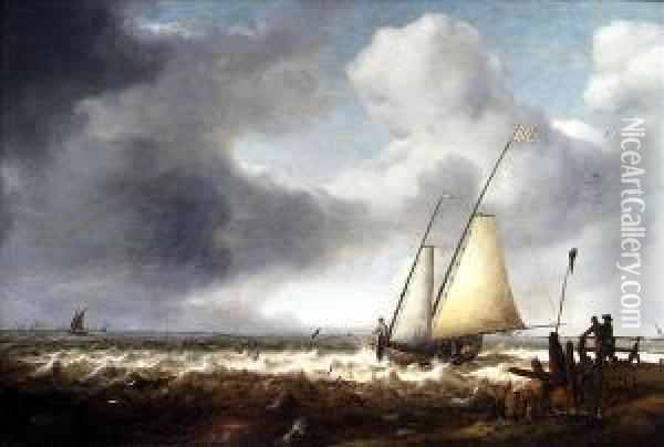 Ablustery Coastal Scene With A Fishing Boat By The Shore Oil Painting - Hendrik van Anthonissen