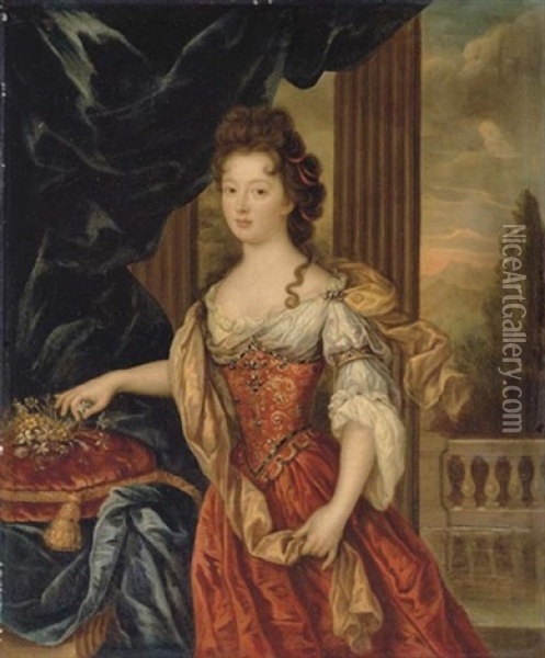 Portrait Of Marie-therese De Bourbon, Princesse De Conti, Wearing A Red And Gold Brocade Dress In An Interior, A Mountainous Landscape Beyond Oil Painting - Pierre Mignard the Elder