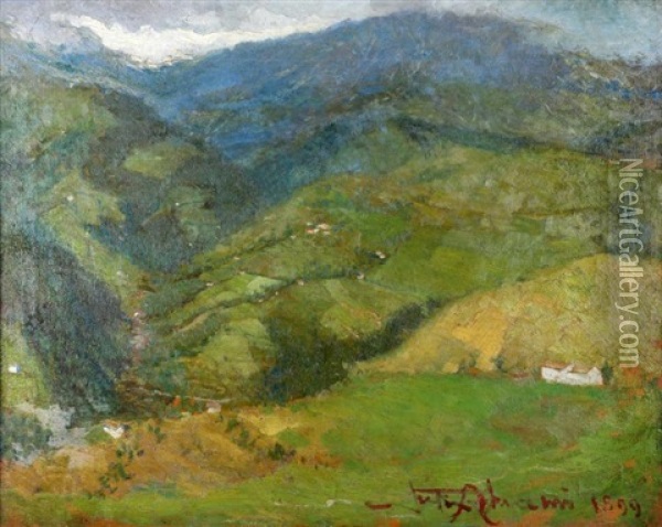 Mountain Landscape With Houses Oil Painting - Felice Abrami