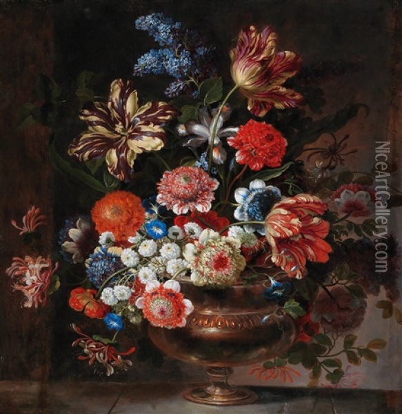 A Flower Still Life With Chrysanthemums And Tulips In A Bronze Vase Oil Painting - Pierre Nicolas Huilliot