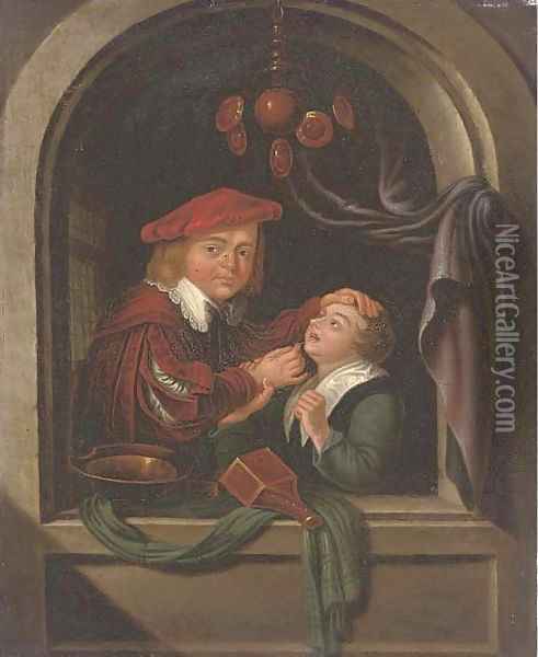 A dentist with a patient at a casement Oil Painting - Gerrit Dou