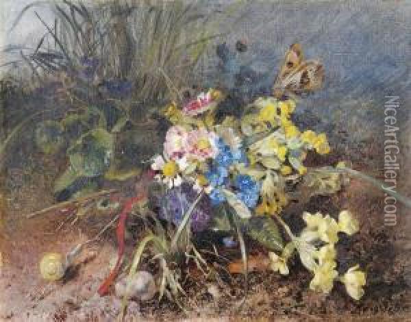 Stilleben Am Feldrand Mit Bunten Blumen, Schnecken Und Schmetterling Oil Painting - Anna Peters