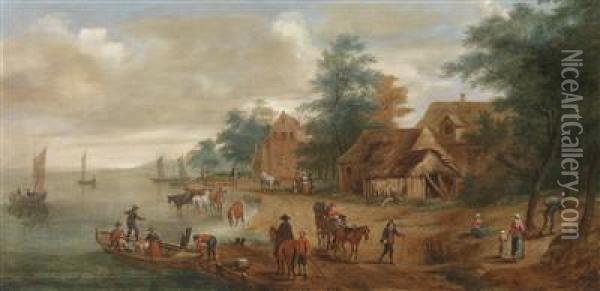Village On A Lake With A Herd Of Cattle Oil Painting - Pieter Gysels