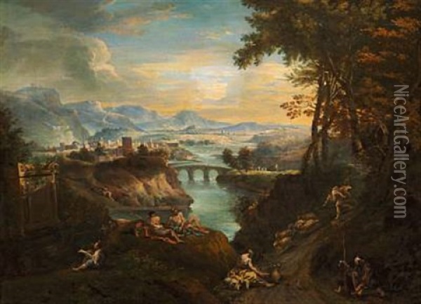 Classical Landscape With People Resting In The Mountains (collab. W/sebastiano Ricci) Oil Painting - Marco Ricci