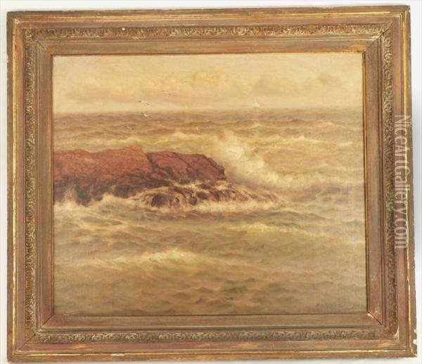 A Seascape With Waves Crashing On Rocks Oil Painting - Dey De Ribcowsky