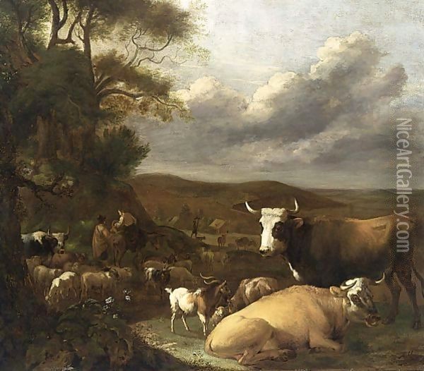 A Landscape With Cows Resting In A Meadow Near Trees Oil Painting - Albert-Jansz. Klomp