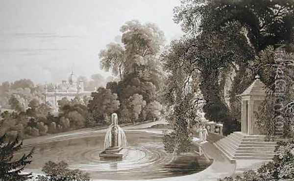 View of the Temple of Suryah and the Fountain of Mahah Doo with a distant view of the north side of the Mansion House Oil Painting - John Martin