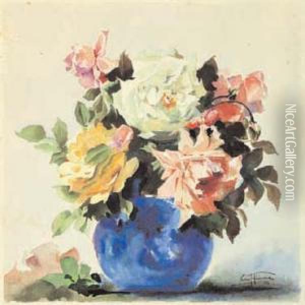 Rose Nel Vaso Blu Oil Painting - Aurelio Craffonara