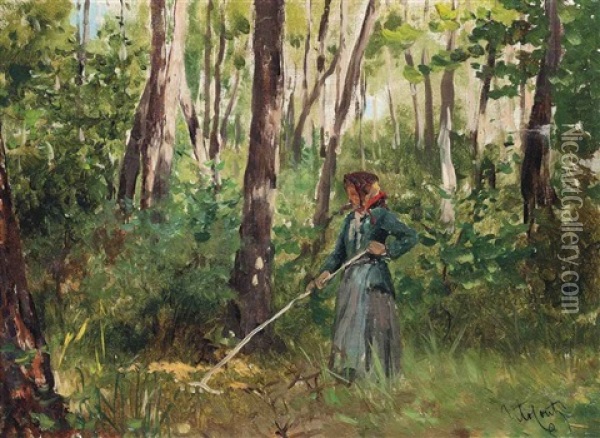 A Peasant Working In The Woods Oil Painting - Tito Conti
