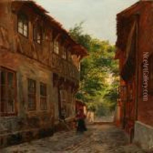 Scene From Ribe With A Woman And A Child On The Street Oil Painting - August Fischer