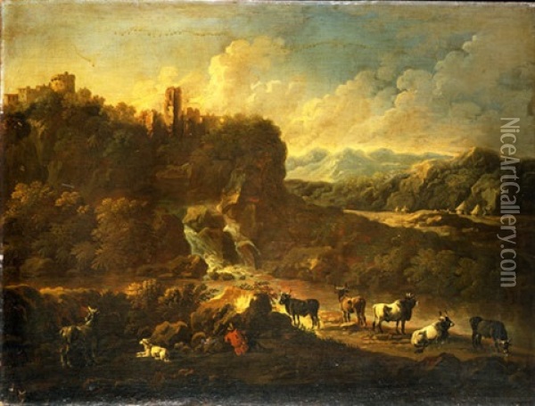 Paesaggio Con Pastori E Armenti E Borgo Turrito In Lontananza Oil Painting - Johann Melchior Roos