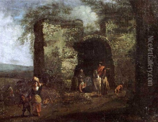A Horseman Asking Directions From Peasants By A City Gate Oil Painting - Barend Gael