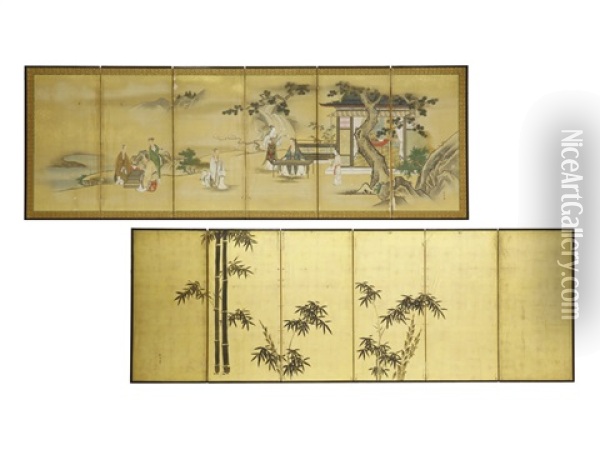 A Chinese Old Story And Banboo Six-fold Screen Oil Painting - Tansetsu Morisada Kano