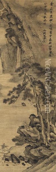 Playing Qin Under The Pine Oil Painting - Zhang Ruitu