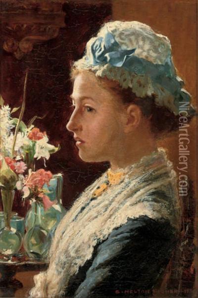 Portrait Of A Lady, Bust-length In Blue Dress With Lace Collar And Cap Oil Painting - Stefani Melton Fisher