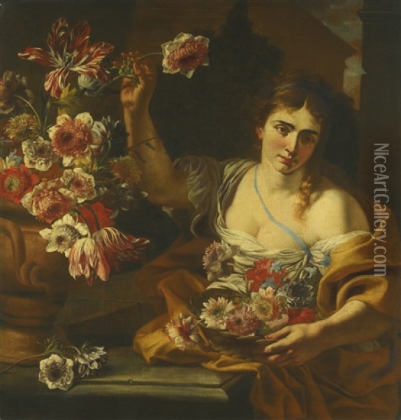 A Young Woman Arranging Flowers In A Basket, With A Floral Still Life In A Terracotta Urn Oil Painting - Abraham Brueghel