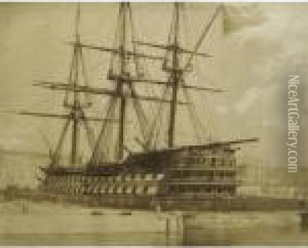 H.m.s. Duke Of Wellington In Keyham Docks 4th March /54 Oil Painting - Linneaus Tripe