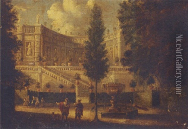 Figures Before A Fountain, A Palace Beyond Oil Painting - Isaac de Moucheron