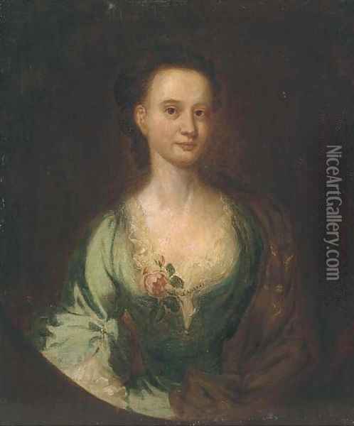 Portrait of a lady, half-length, in a green dress and brown shawl, in a feigned oval Oil Painting - William Hogarth