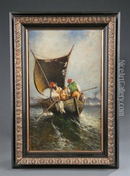 Ocean Scene Of Men In Rowboat On Choppy Water Oil Painting - Giuseppe Carelli