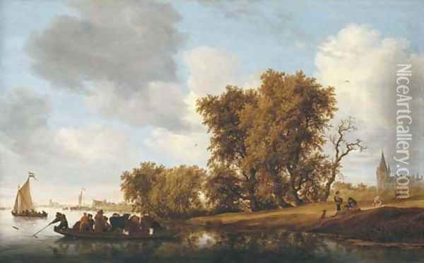 A wooded river landscape with figures on a bank awaiting the approach of a ferry Oil Painting - Salomon van Ruysdael