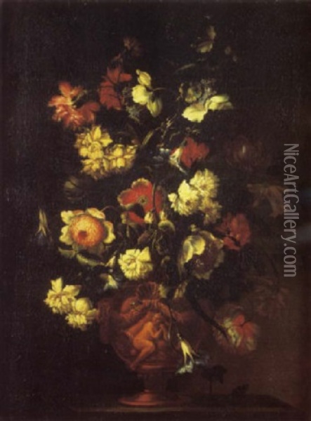 Bouquet De Fleurs Dans Un Vase Sculpte Dispose Sur Un Entablement Oil Painting - Mario Nuzzi