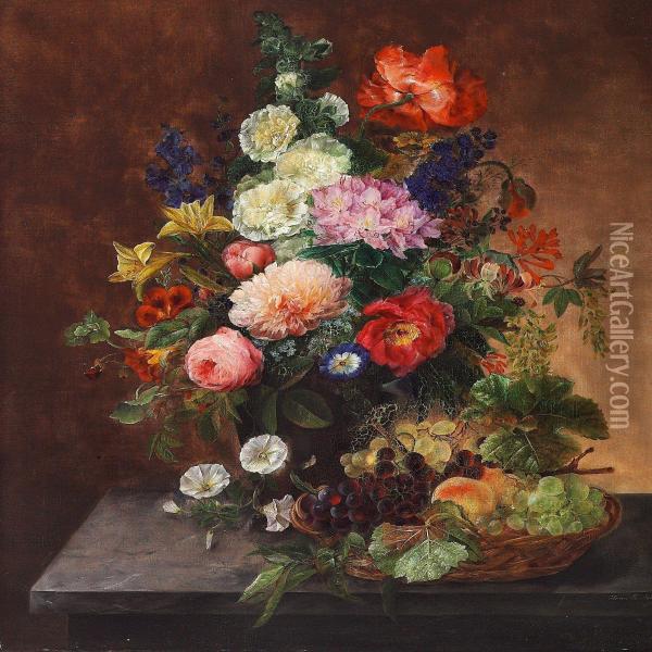 Various Flowers In A Vase And Fruit In A Basket On A Table Oil Painting - Henriette Melchior
