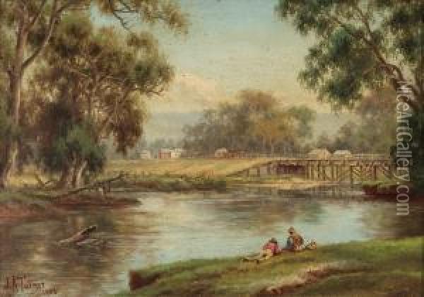Central Victorian River Landscape With Bridge Oil Painting - James Alfred Turner